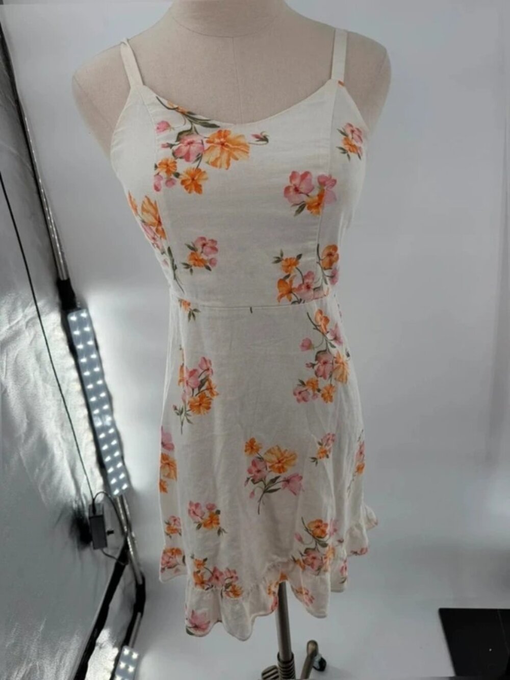 Old Navy Floral Cami Mini Dress XS White Pink Orange Spaghetti Strap Ruffle Sun